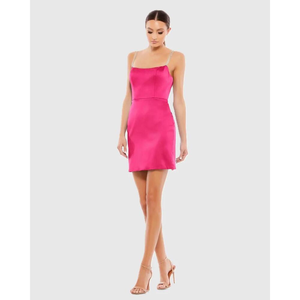 NWT Mac Duggal Apparel  Candy Pink Rhinestone Strap Satin Mini Dress Size 2